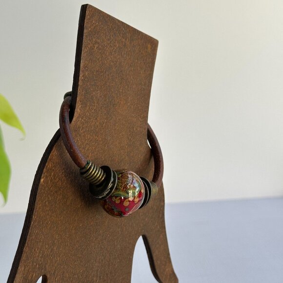 Vintage Boho Ceramic Bracelet, Leather Cord Choker - Picture 7 of 7